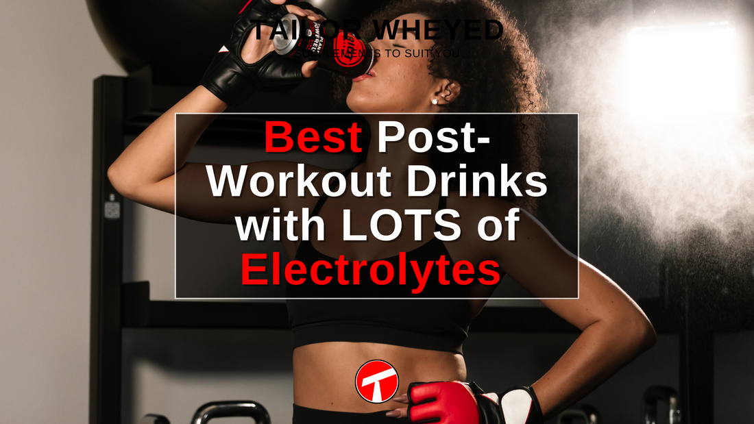A female in a gym drinking a post-workout drink with an overlayed caption stating "Best Post-Workout Drinks with LOTS of Electrolytes"