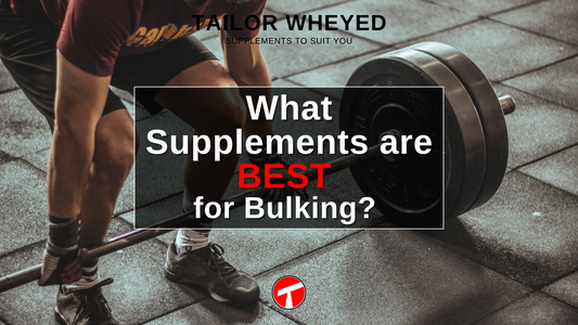 Man dead lifting heavy barbell with an overlayed title reading 'What Supplements are BEST for Bulking?'